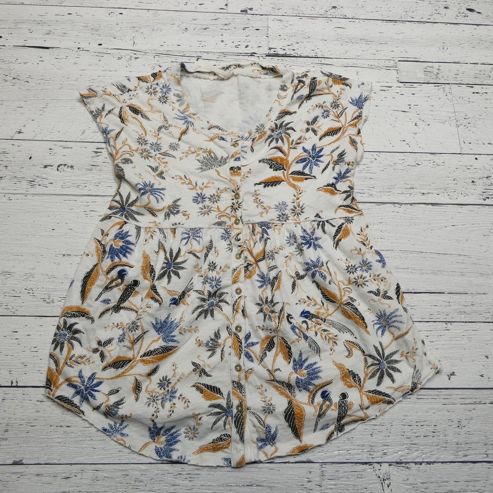Anthropologie Dress Womens XS White Blue Yellow Floral Button Front Short Sleeve